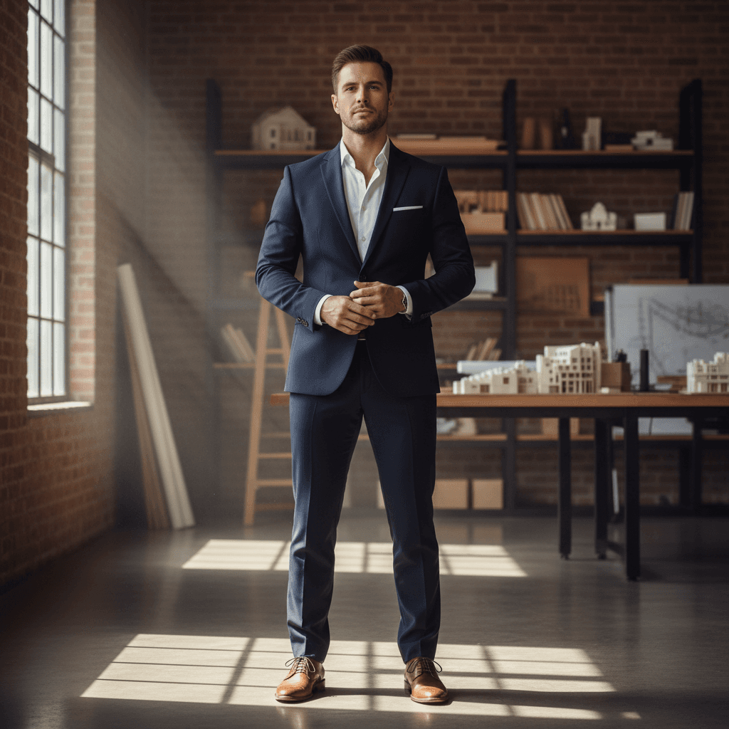 Person standing tall with determined expression, chin raised, facing forward with confidence